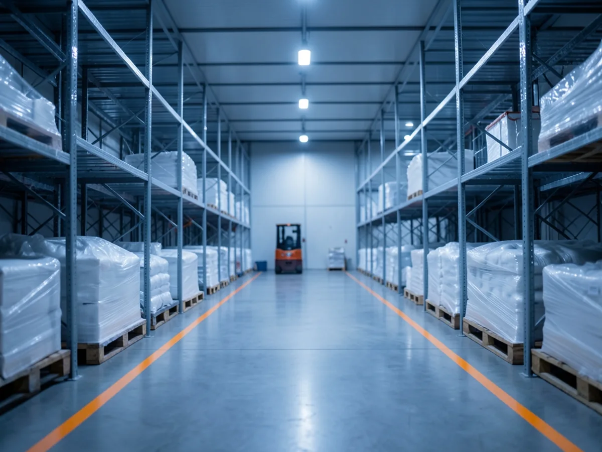Intérieur d'une chambre froide logistique avec palettes sur racks