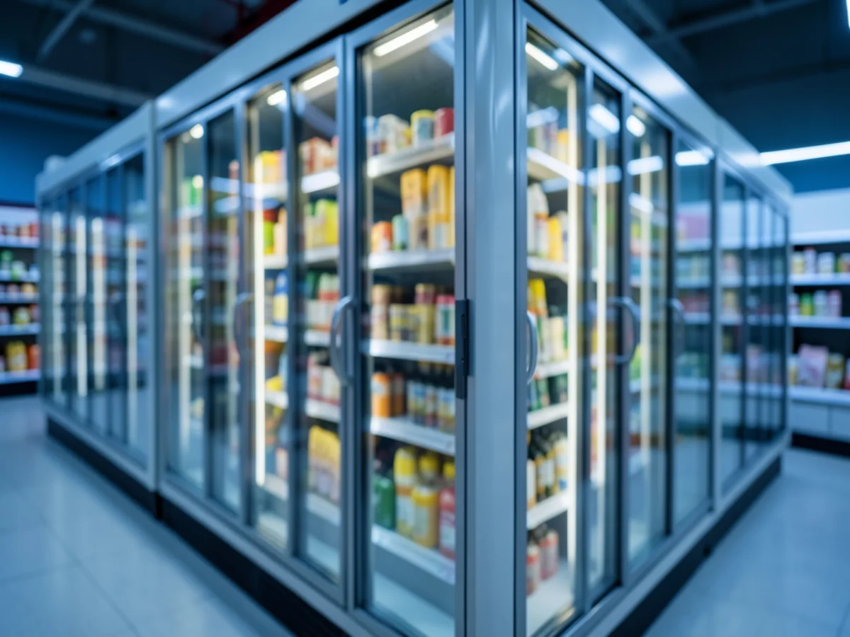 Rayon de supermarché avec meubles frigorifiques fermés par des portes vitrées