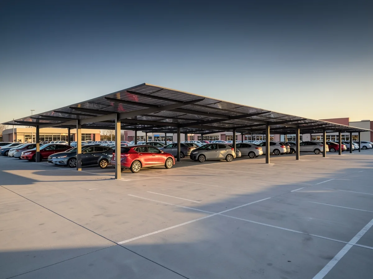 Ombrières photovoltaïques couvrant le parking d'une zone commerciale