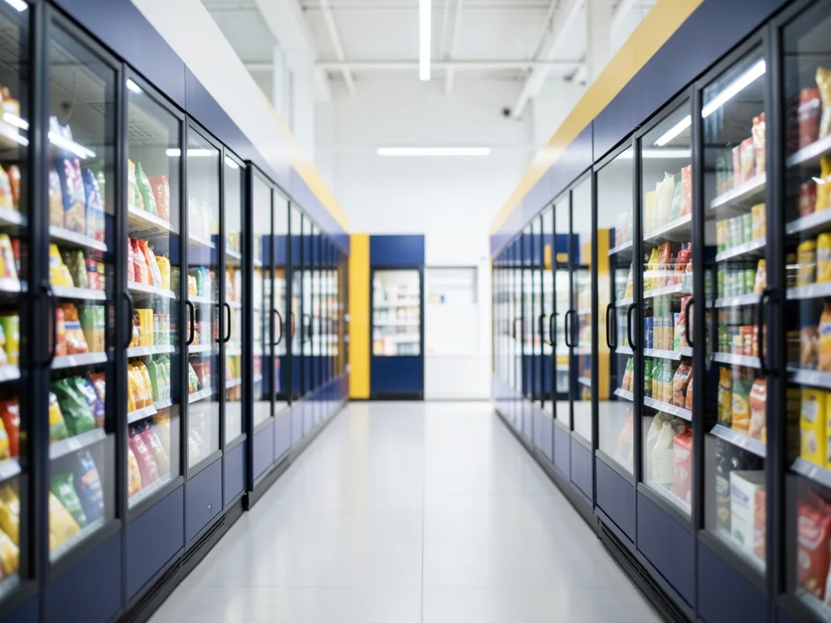 Allée d'hypermarché bordée de meubles frigorifiques vitrés
