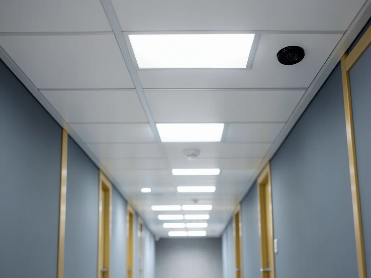 Luminaires LED et détecteur de présence au plafond d'un couloir de bureaux