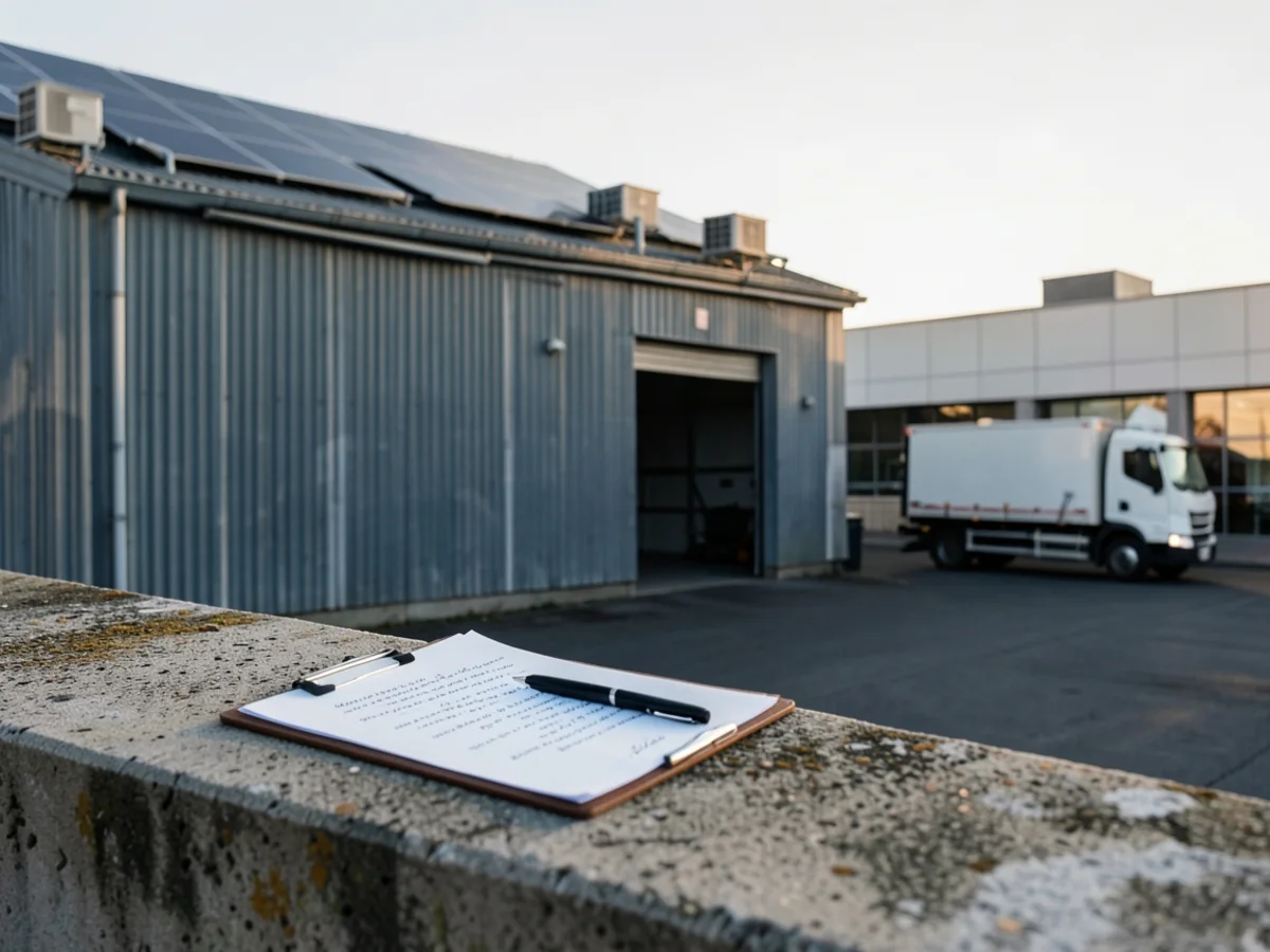 Entrepôt frigorifique avec panneaux solaires en toiture et devis non signé posé sur un presse-papiers au premier plan