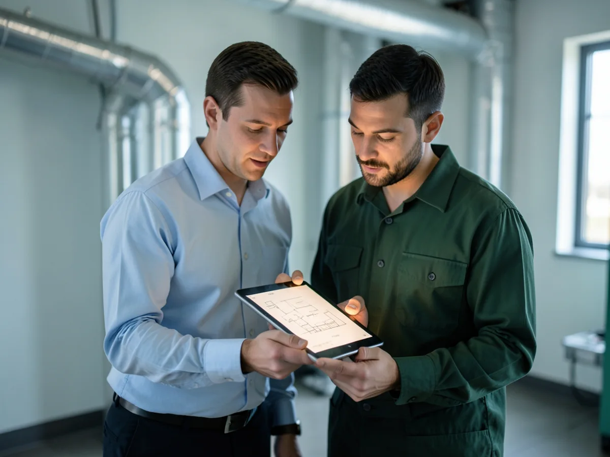 Responsable technique et installateur examinant un projet de rénovation énergétique dans un local technique