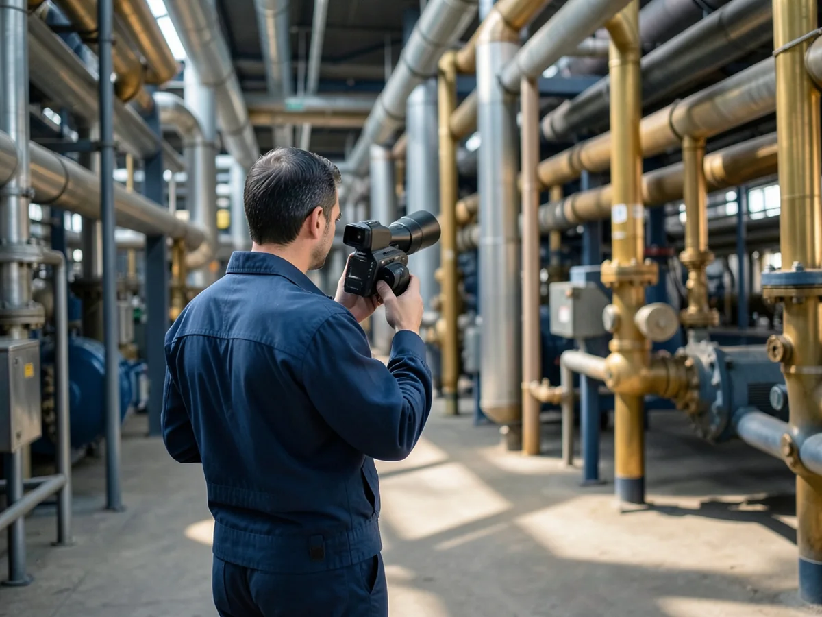 Auditeur énergétique inspectant un site industriel avec une caméra thermique