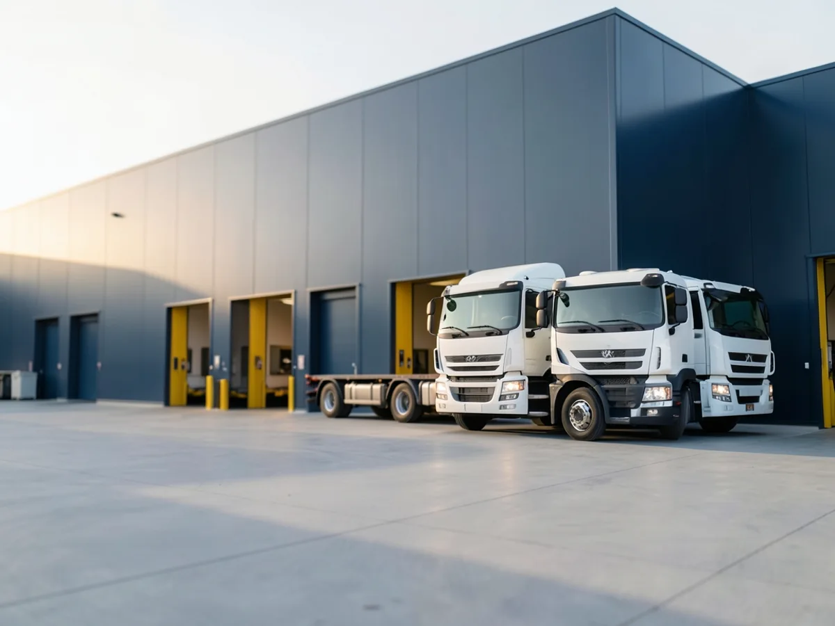 Entrepôt frigorifique avec quais de chargement et camions