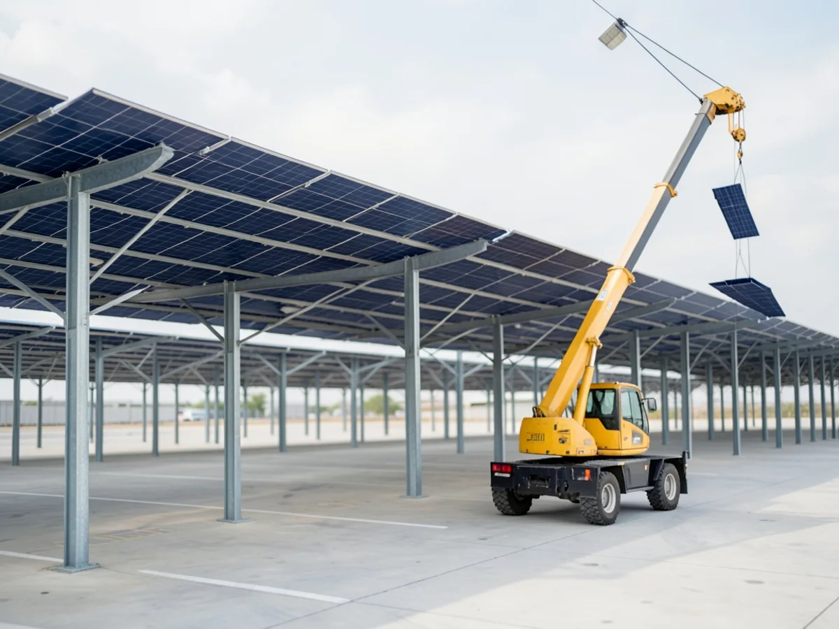 Chantier de pose d'ombrières photovoltaïques sur un parking